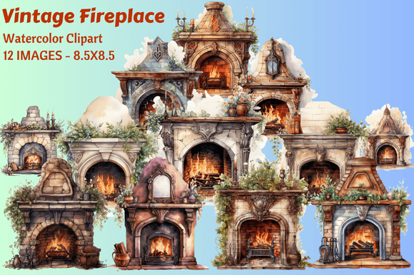 Download Vintage Fireplace Watercolor Clipart - Art Collection