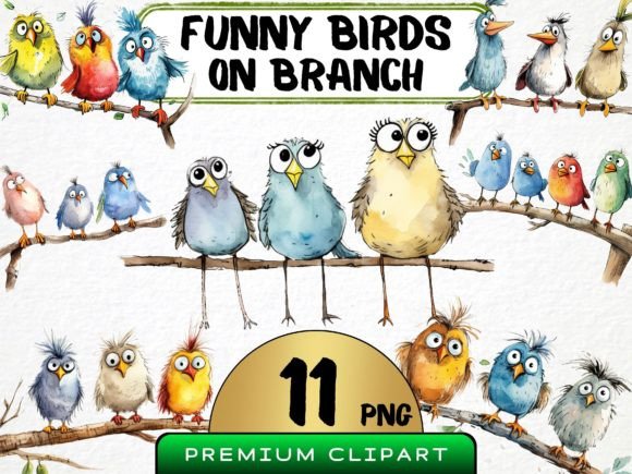 Download Funny Birds on Branch Clipart Bundle PNG - Art Collection